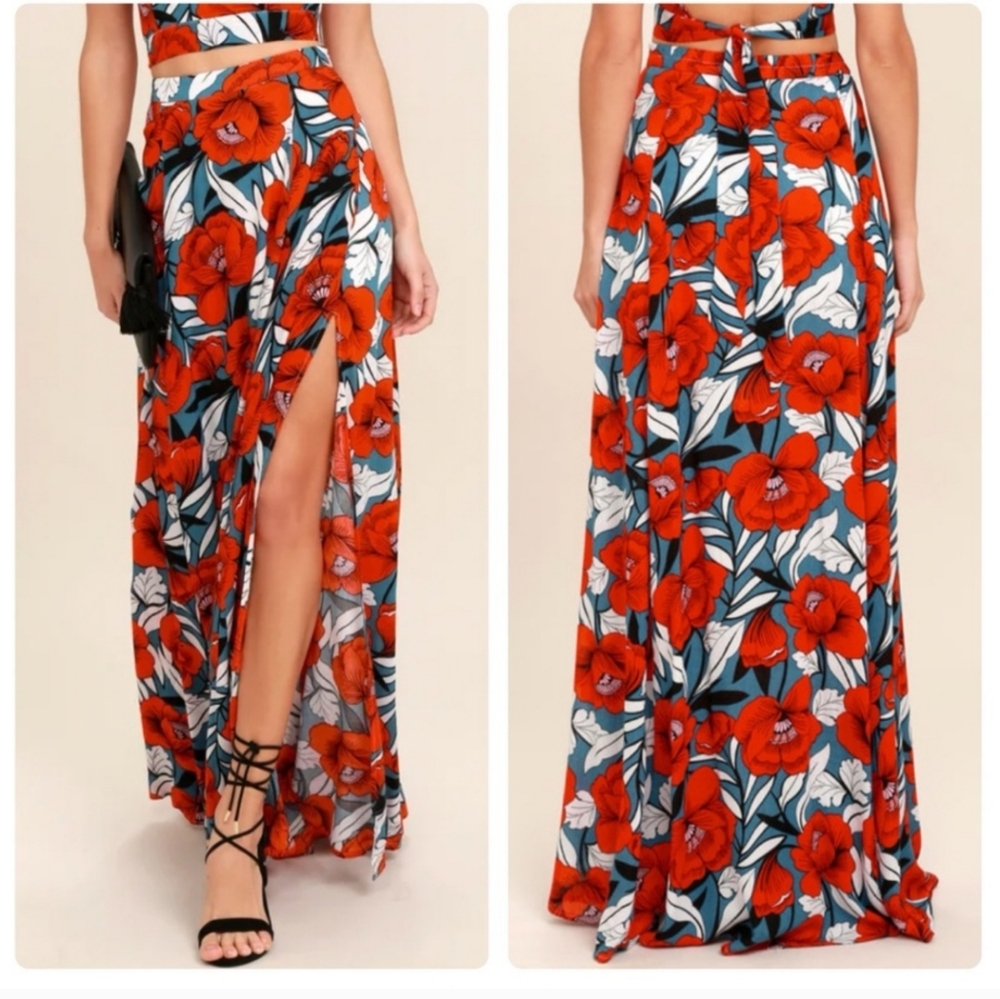 Lulu's Red Floral Maxi Skirt